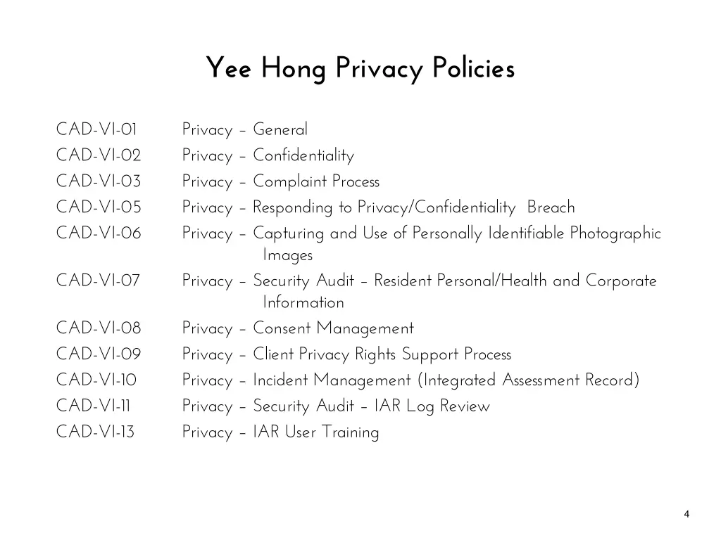 yee hong privacy policies