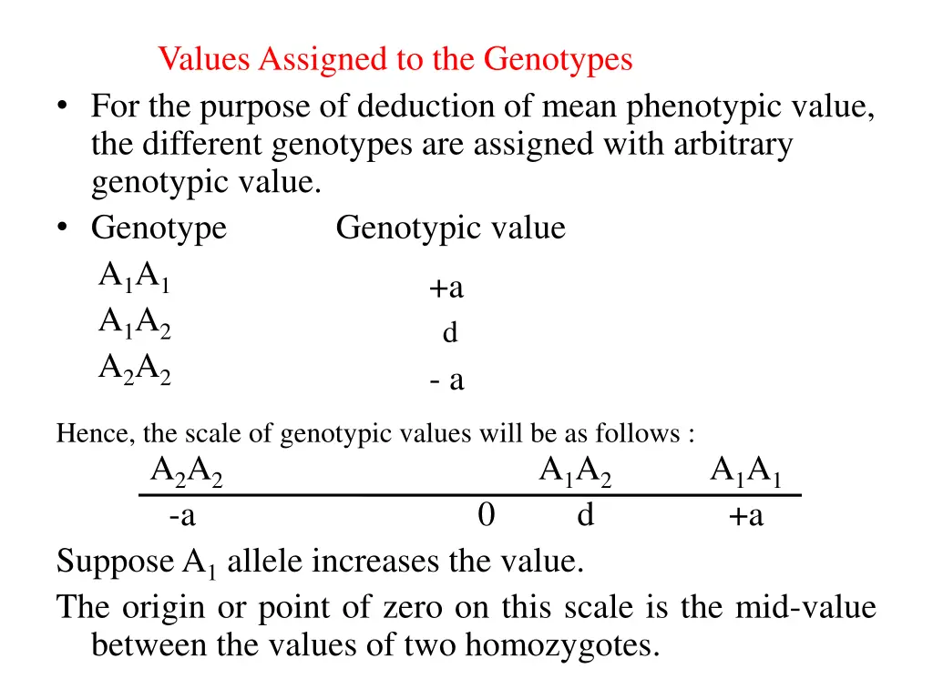 values assigned to the genotypes for the purpose