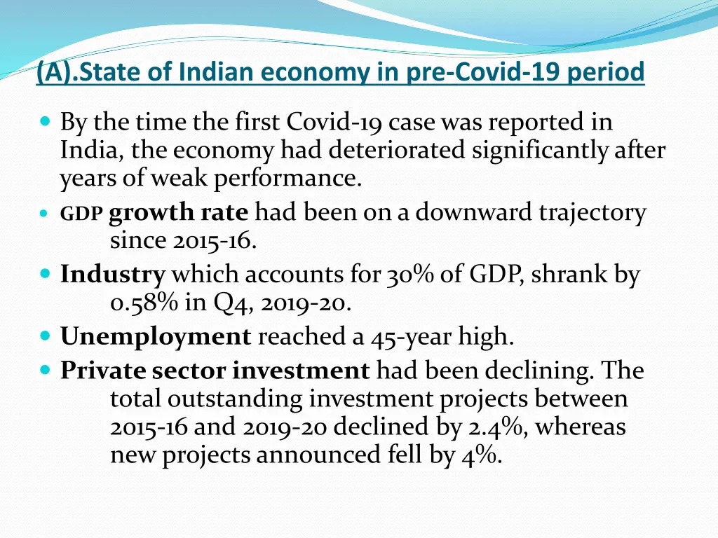 a state of indian economy in pre covid 19 period