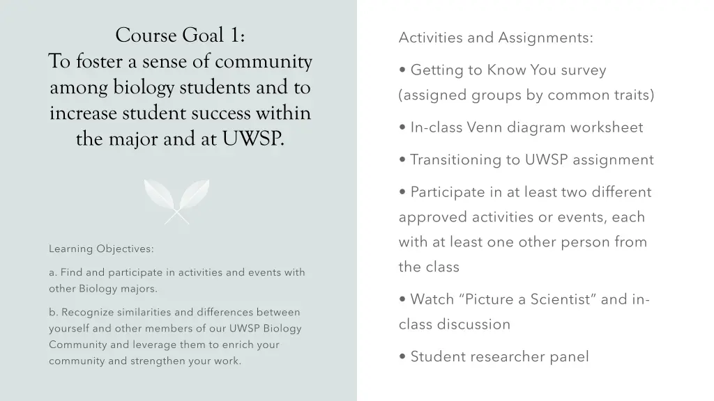 course goal 1 to foster a sense of community