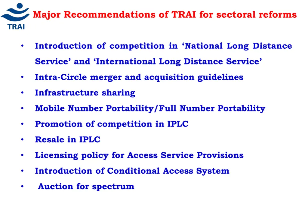 major recommendations of trai for sectoral reforms