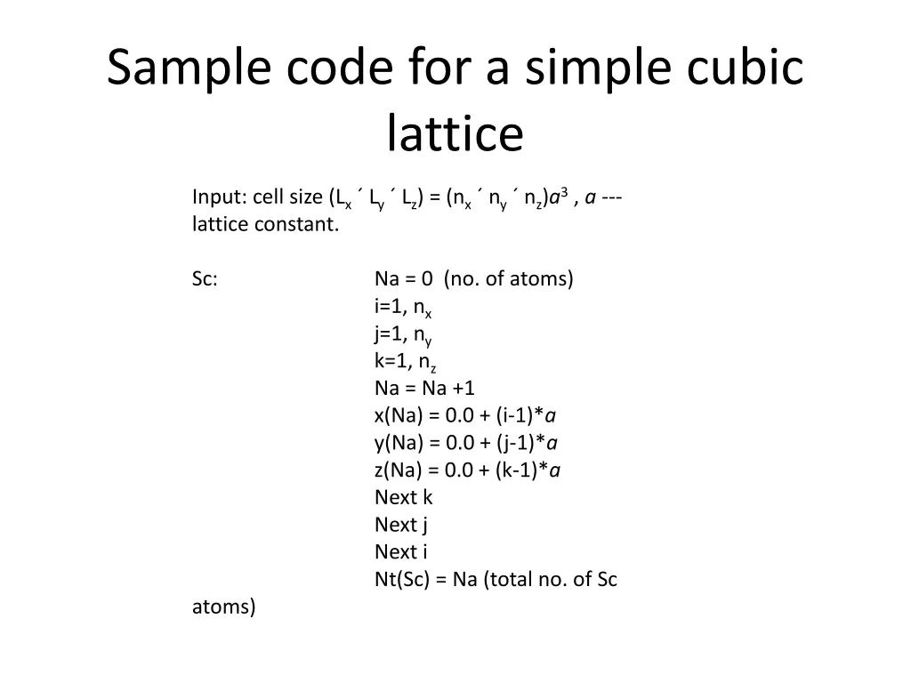 sample code for a simple cubic lattice