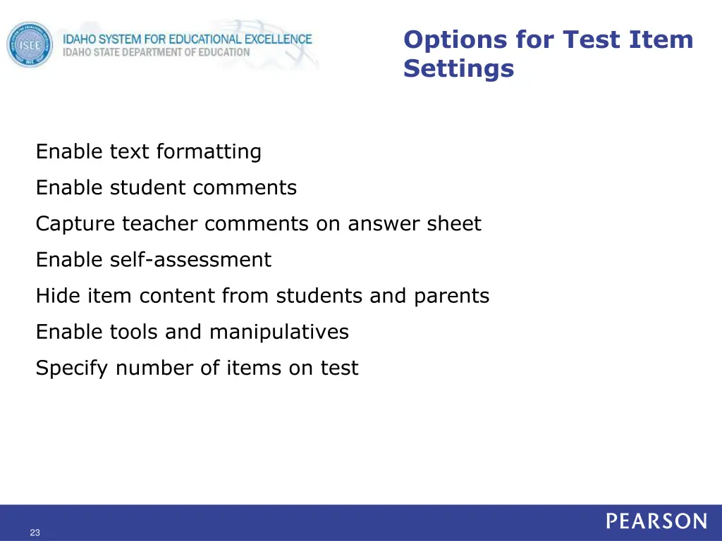 options for test item settings