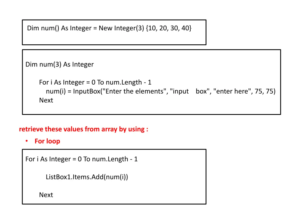 dim num as integer new integer 3 10 20 30 40