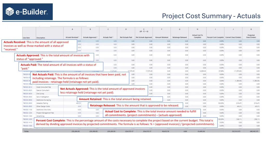 project cost summary actuals