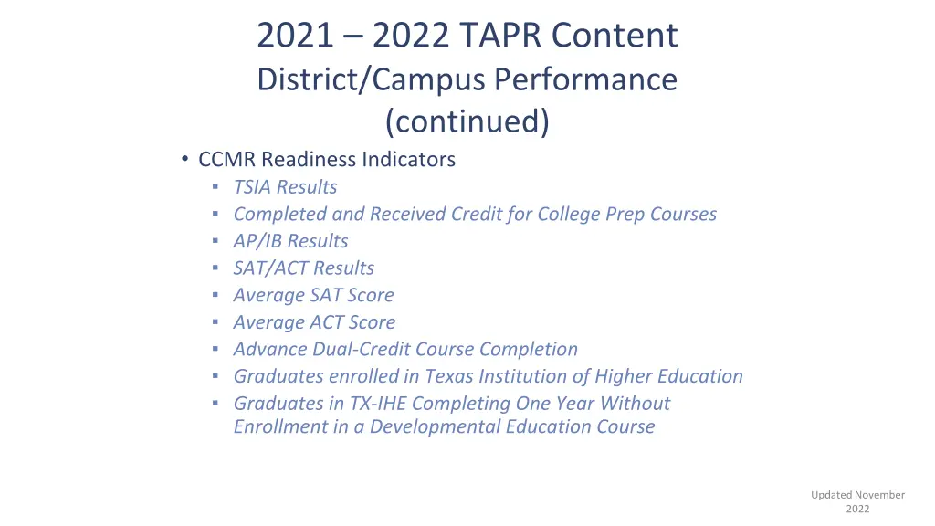 2021 2022 tapr content district campus 2