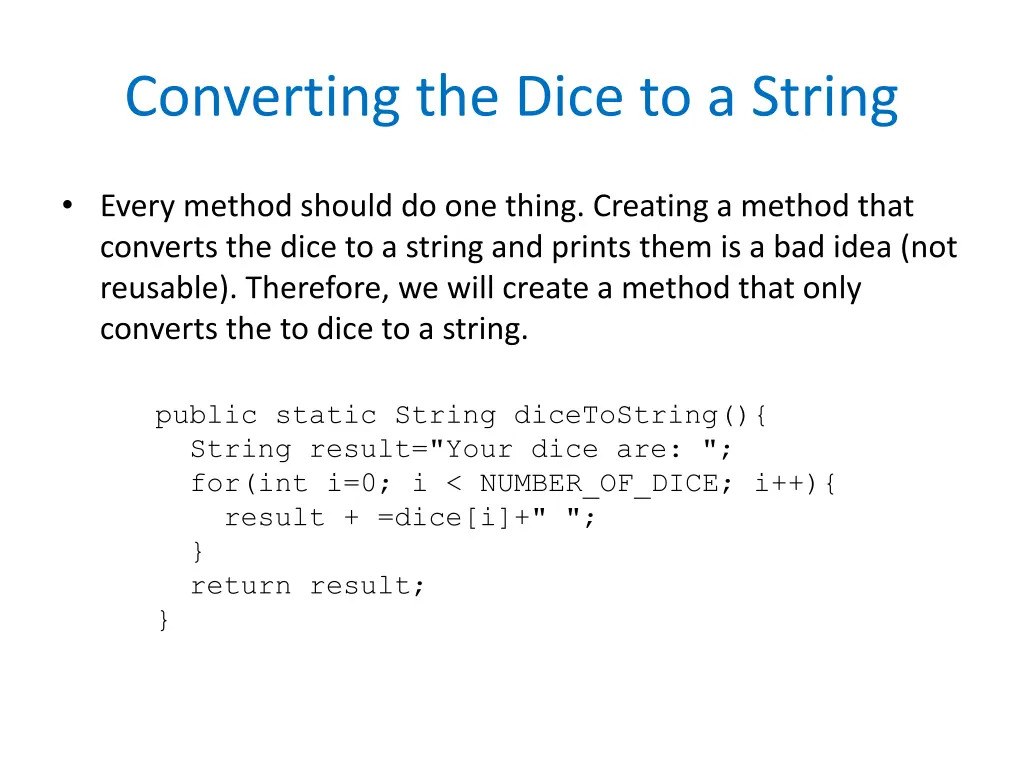 converting the dice to a string