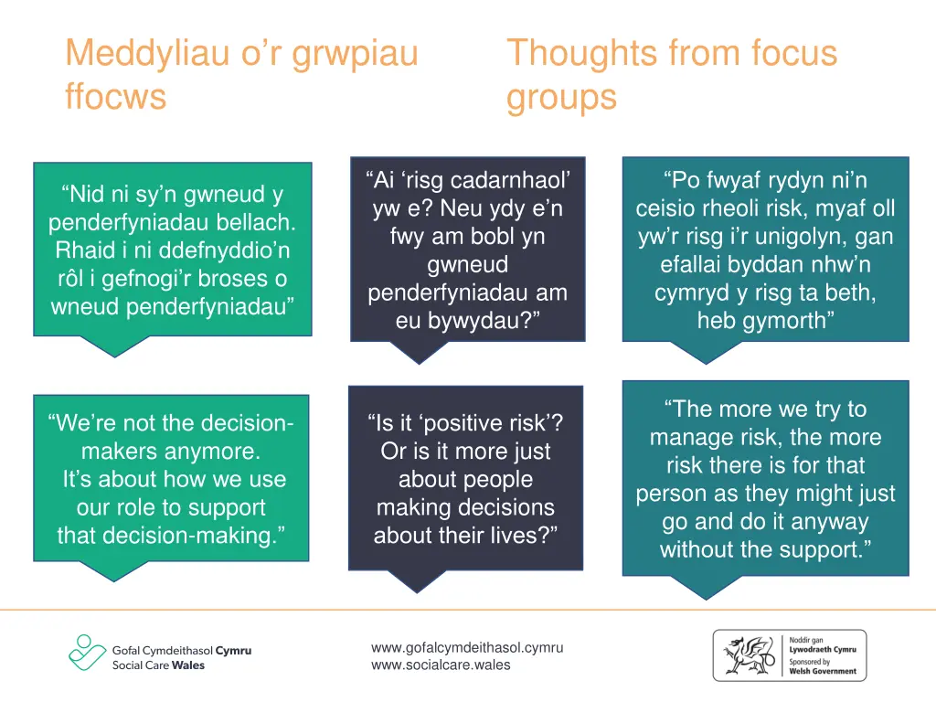 meddyliau o r grwpiau ffocws
