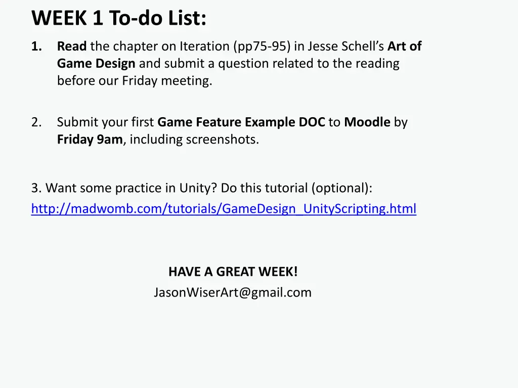 week 1 to do list