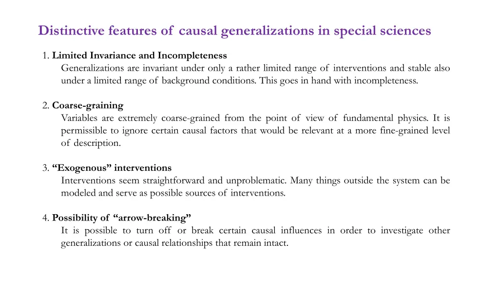 distinctive features of causal generalizations