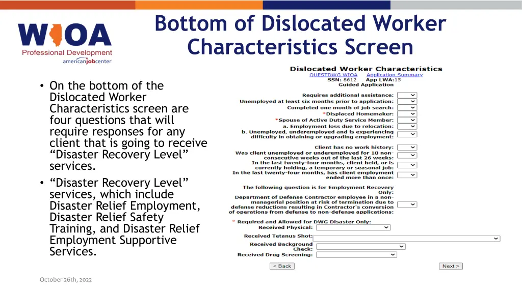 bottom of dislocated worker characteristics screen