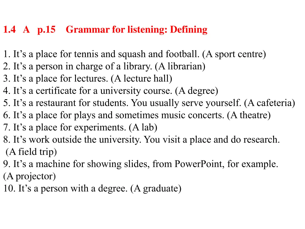 1 4 a p 15 grammar for listening defining