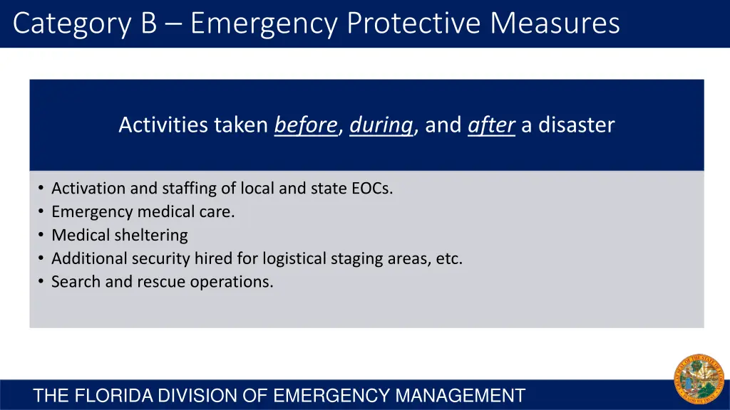category b emergency protective measures