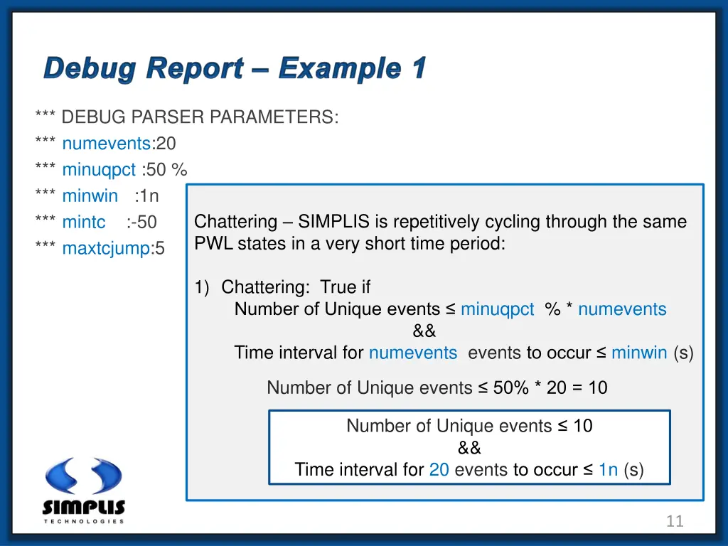debug parser parameters numevents 20 minuqpct 1