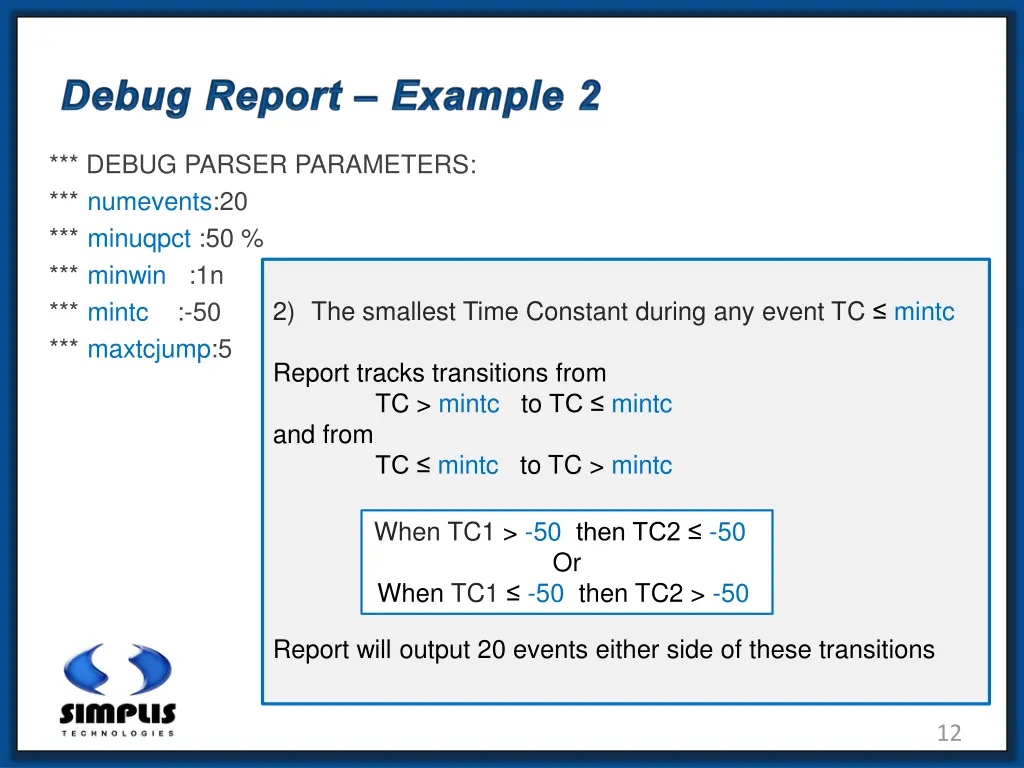 debug parser parameters numevents 20 minuqpct 2