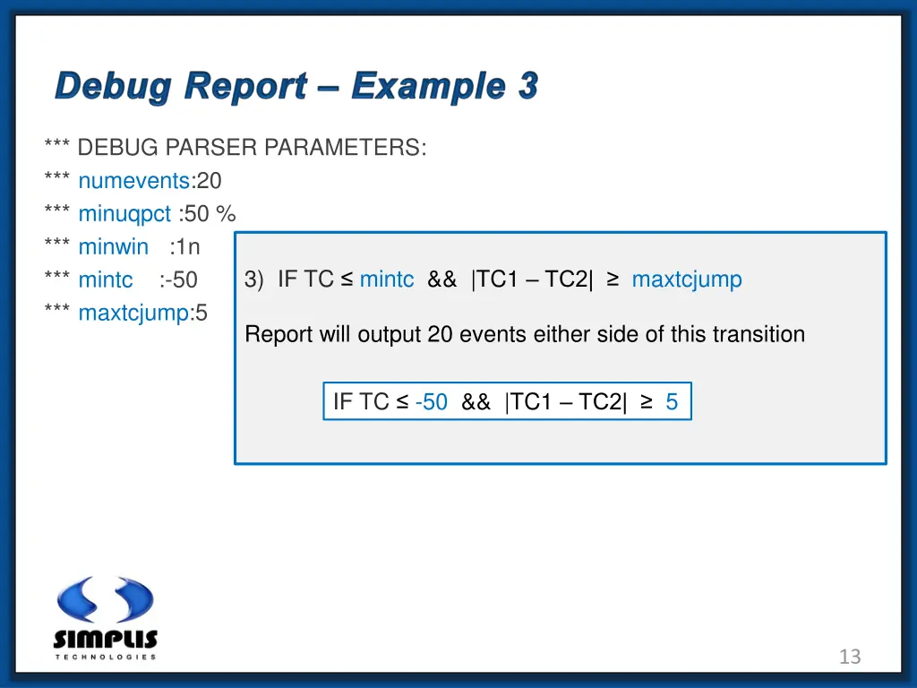 debug parser parameters numevents 20 minuqpct 3