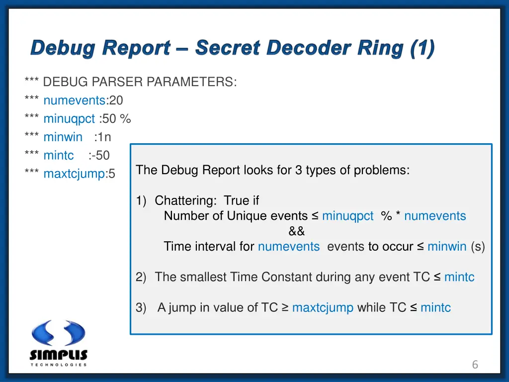 debug parser parameters numevents 20 minuqpct