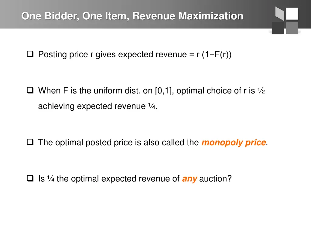 one bidder one item revenue maximization 1