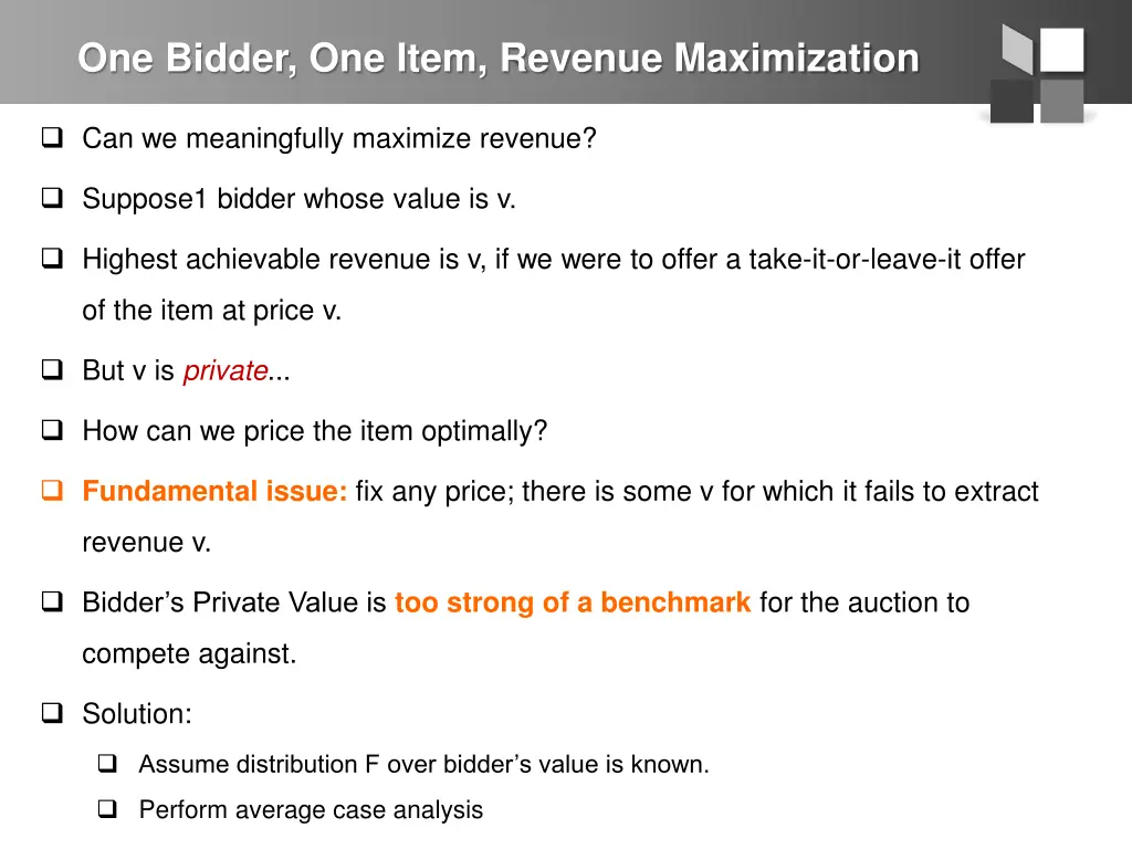 one bidder one item revenue maximization