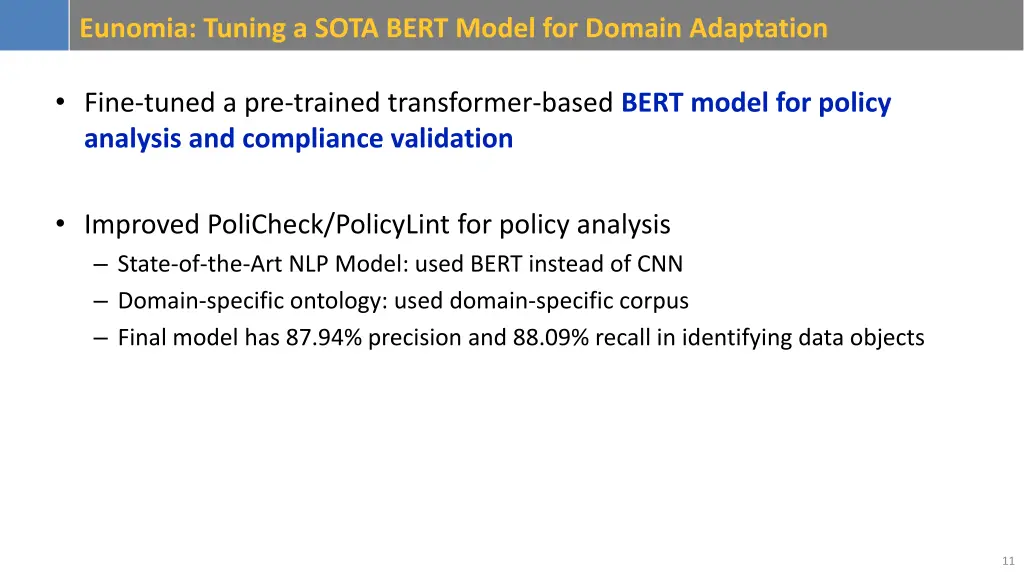 eunomia tuning a sota bert model for domain