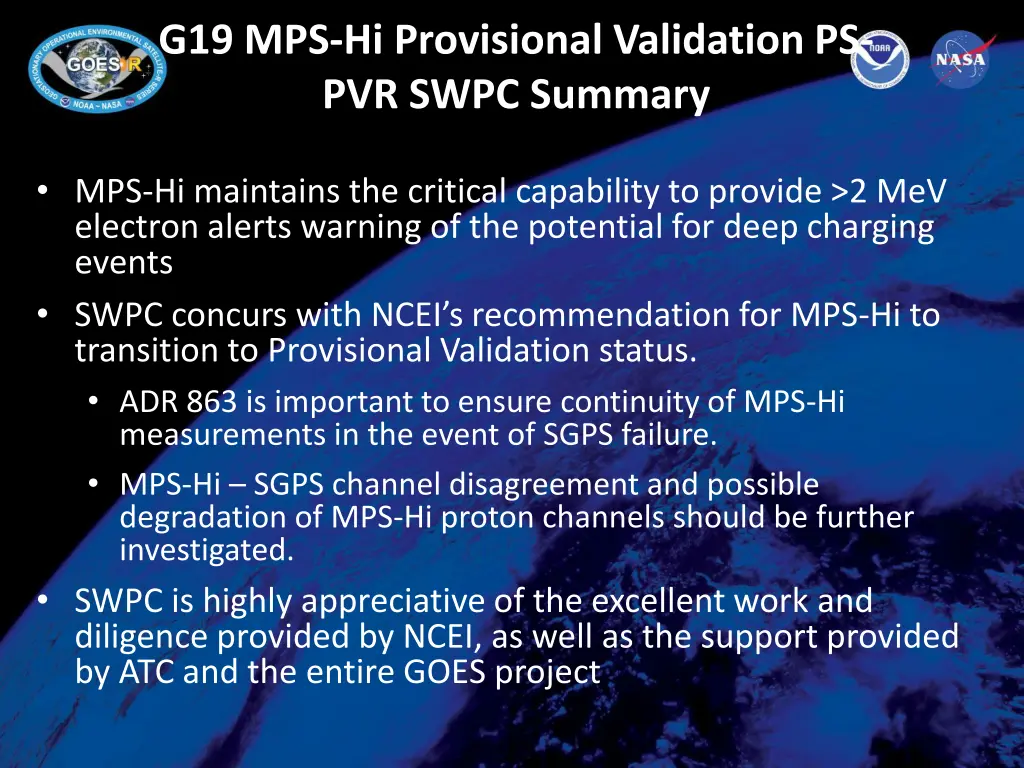 g19 mps hi provisional validation ps pvr swpc