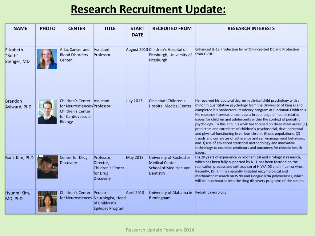 research recruitment update