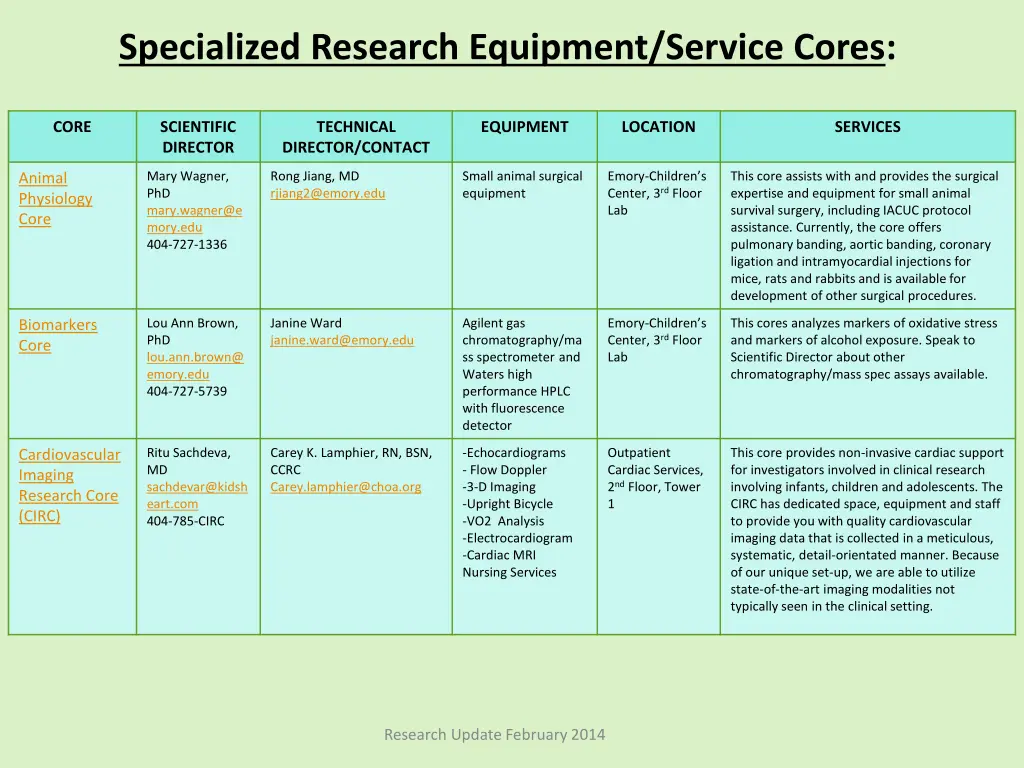 specialized research equipment service cores