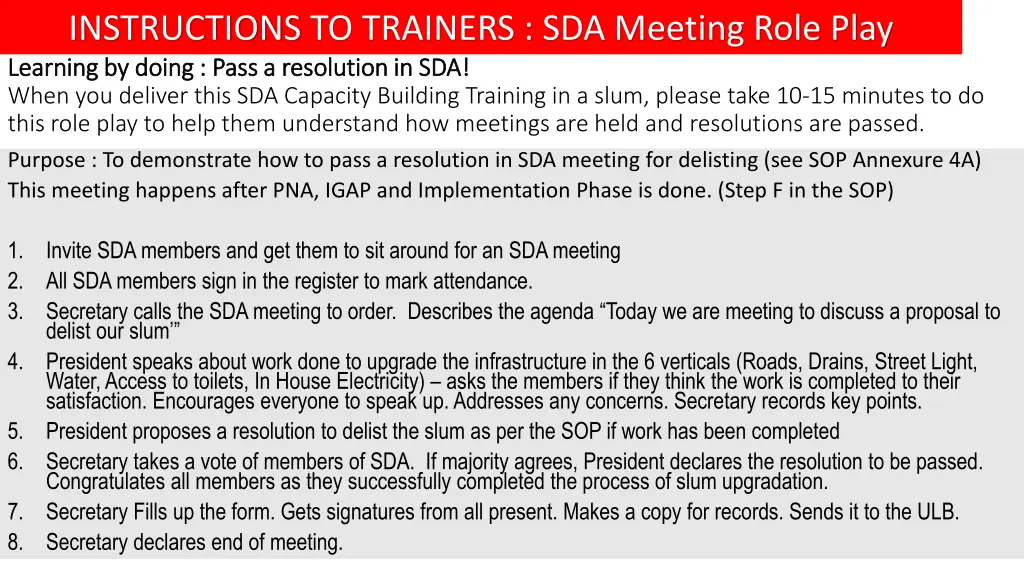 instructions to trainers sda meeting role play