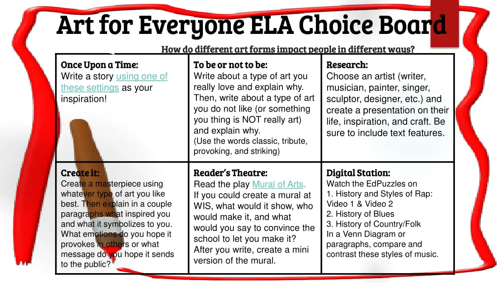 art for everyone ela choice board