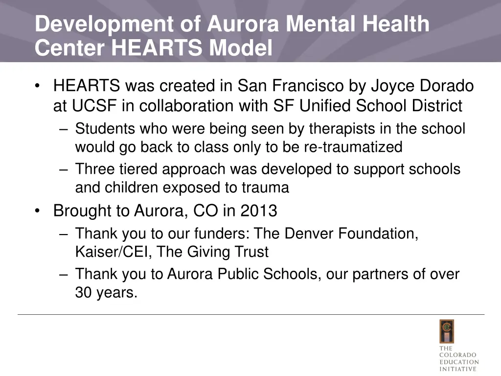 development of aurora mental health center hearts
