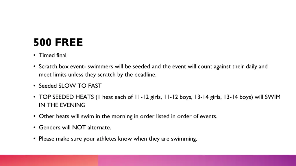 500 free timed final scratch box event swimmers