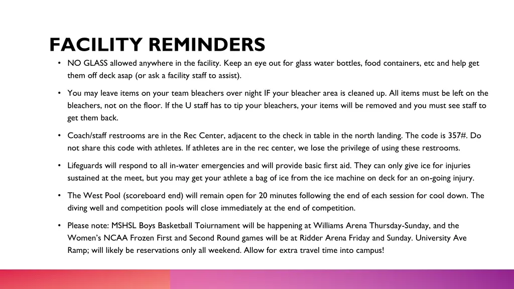facility reminders no glass allowed anywhere