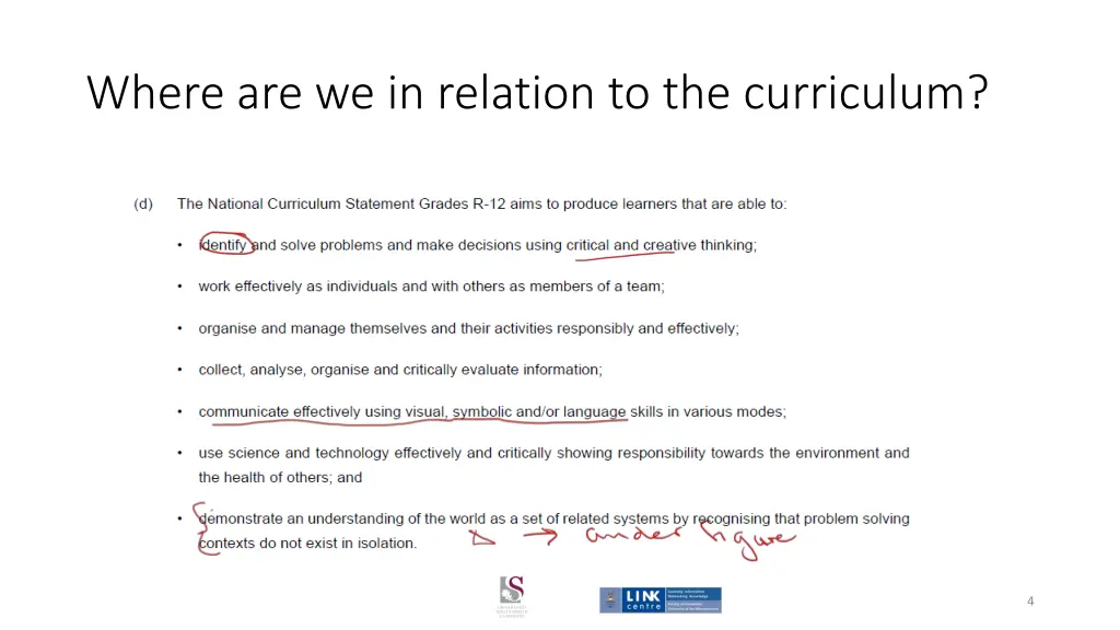 where are we in relation to the curriculum 1