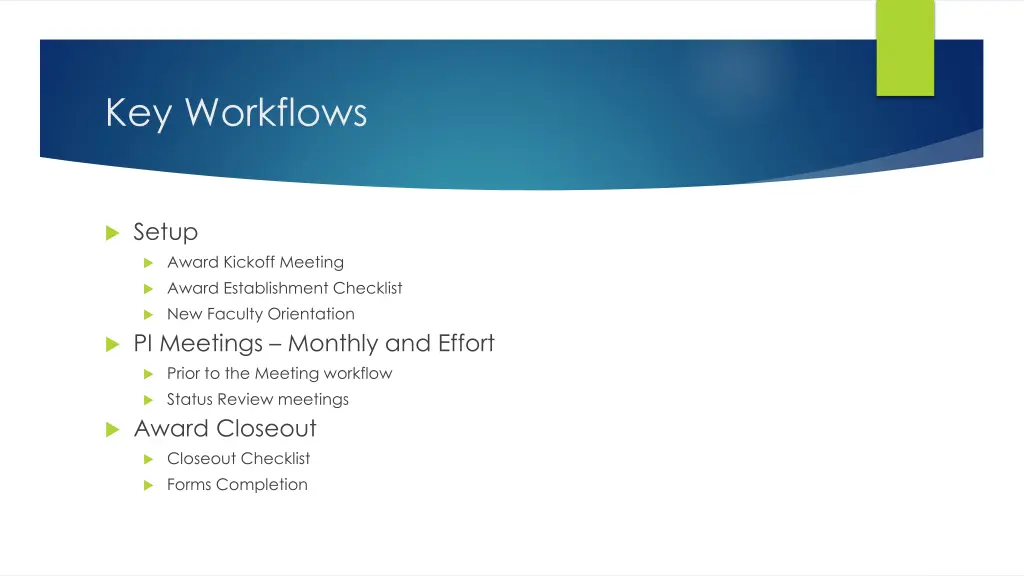 key workflows