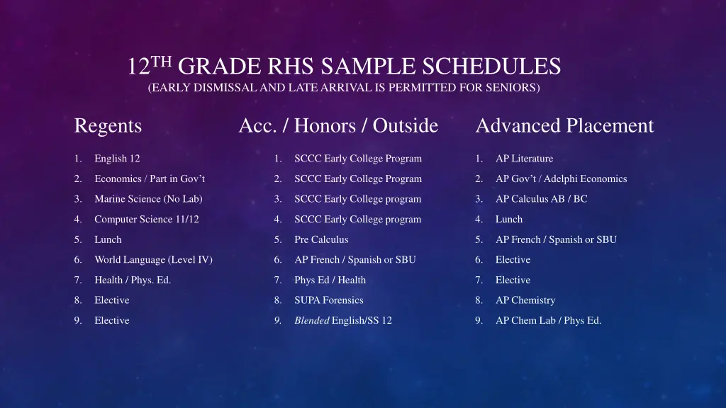 12 th grade rhs sample schedules early dismissal