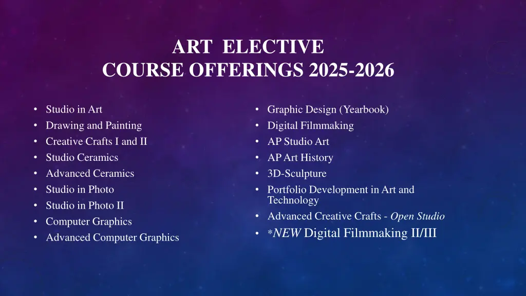 art elective course offerings 2025 2026