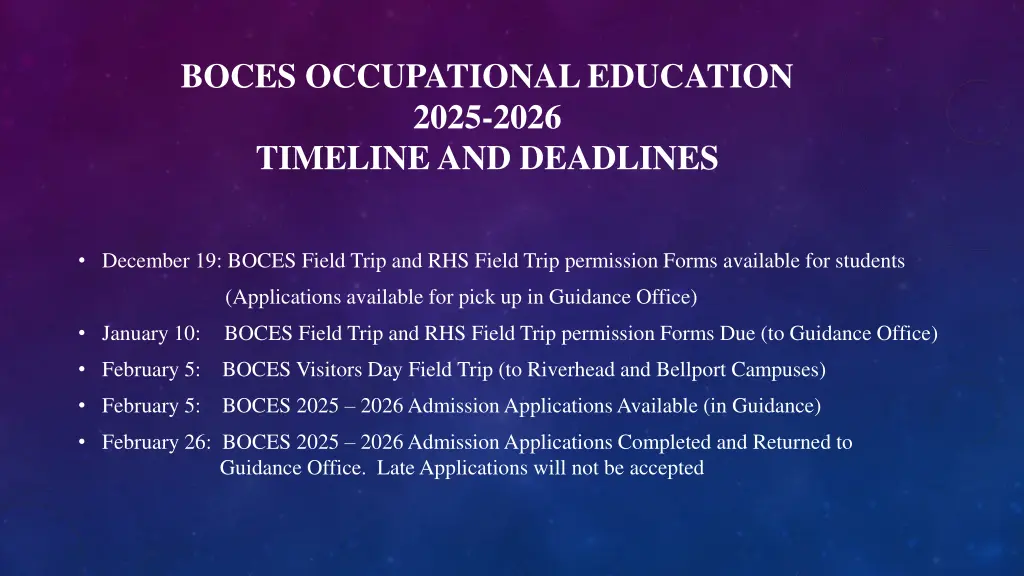 boces occupational education 2025 2026 timeline