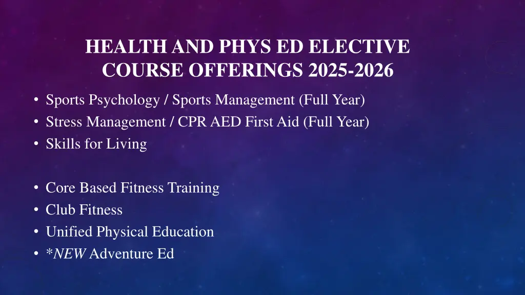health and phys ed elective course offerings 2025