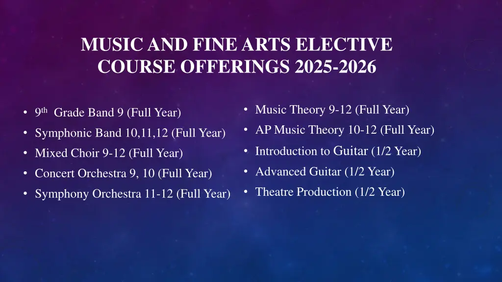 music and fine arts elective course offerings