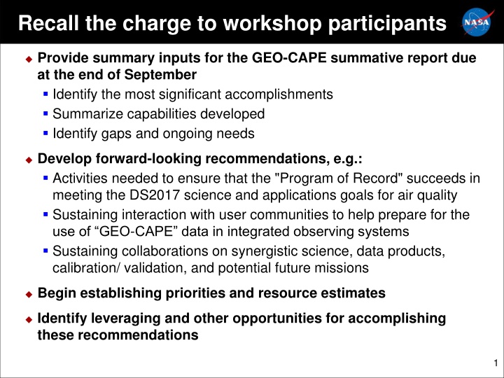 recall the charge to workshop participants