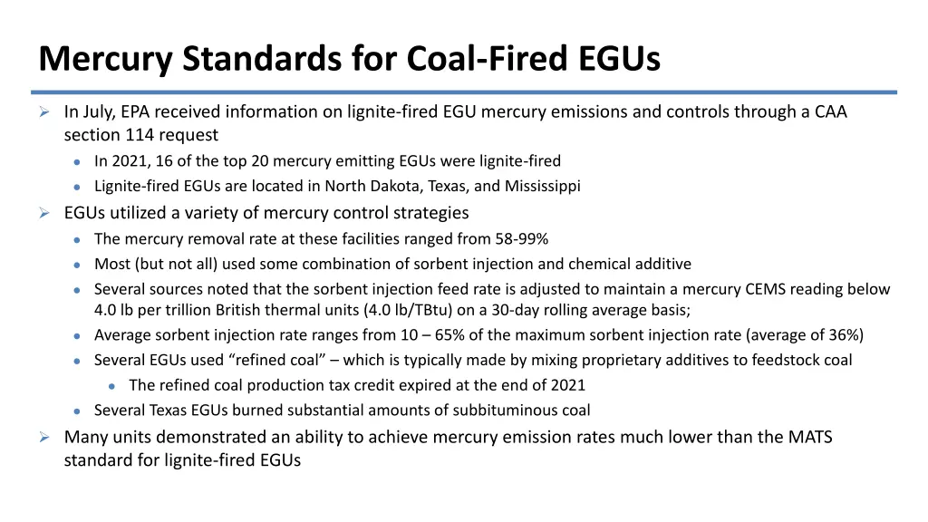 mercury standards for coal fired egus