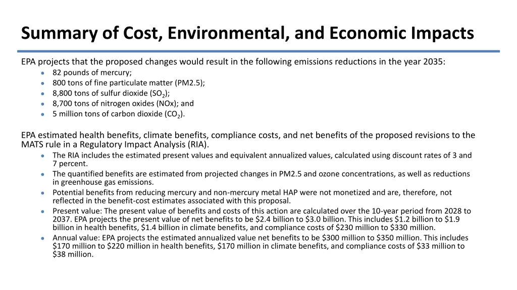 summary of cost environmental and economic impacts