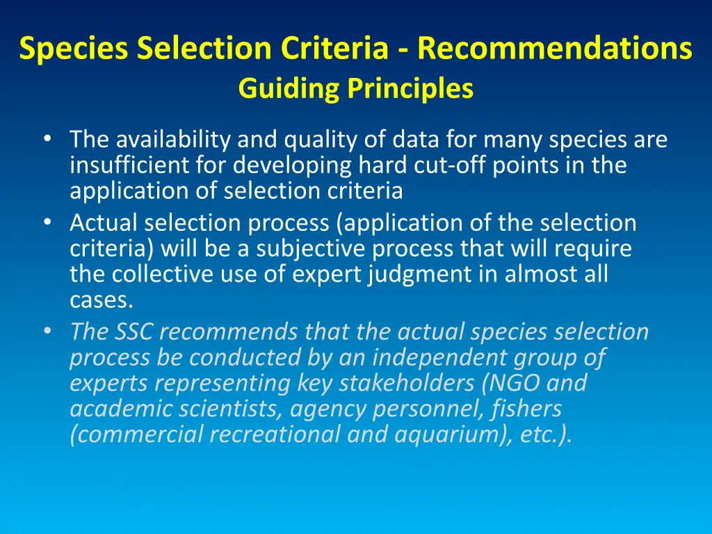 species selection criteria recommendations 1