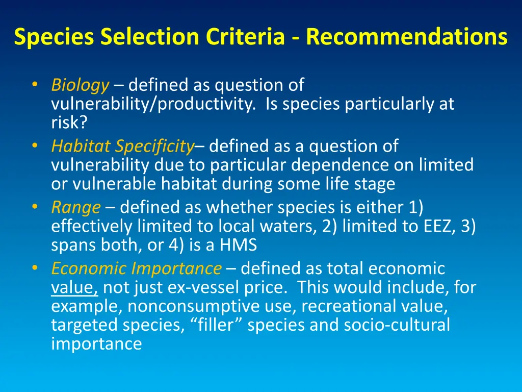 species selection criteria recommendations 2