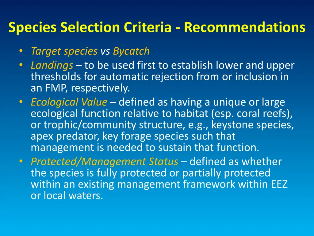 species selection criteria recommendations 3