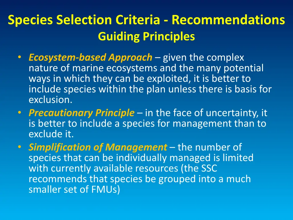 species selection criteria recommendations