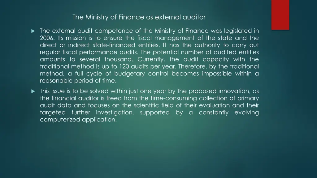 the ministry of finance as external auditor