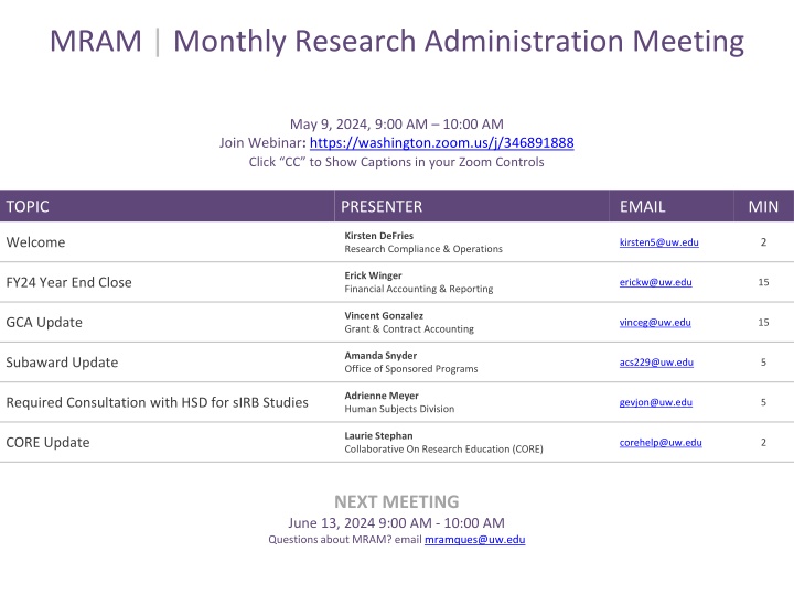 mram monthly research administration meeting