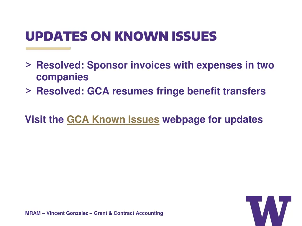 updates on known issues