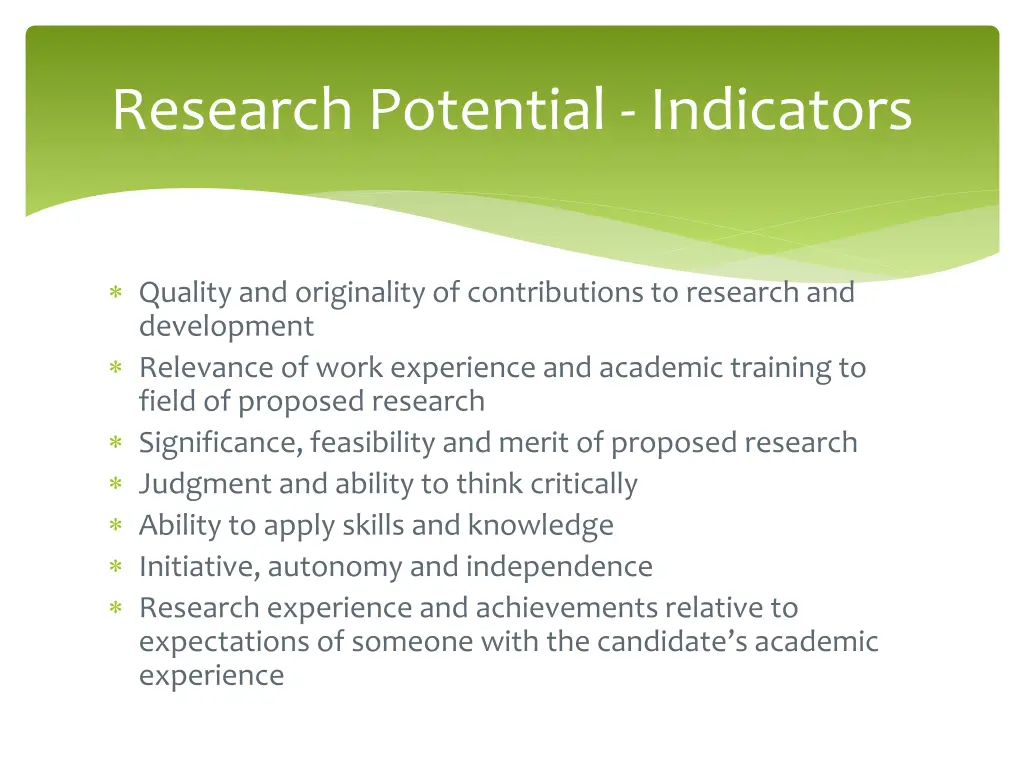 research potential indicators